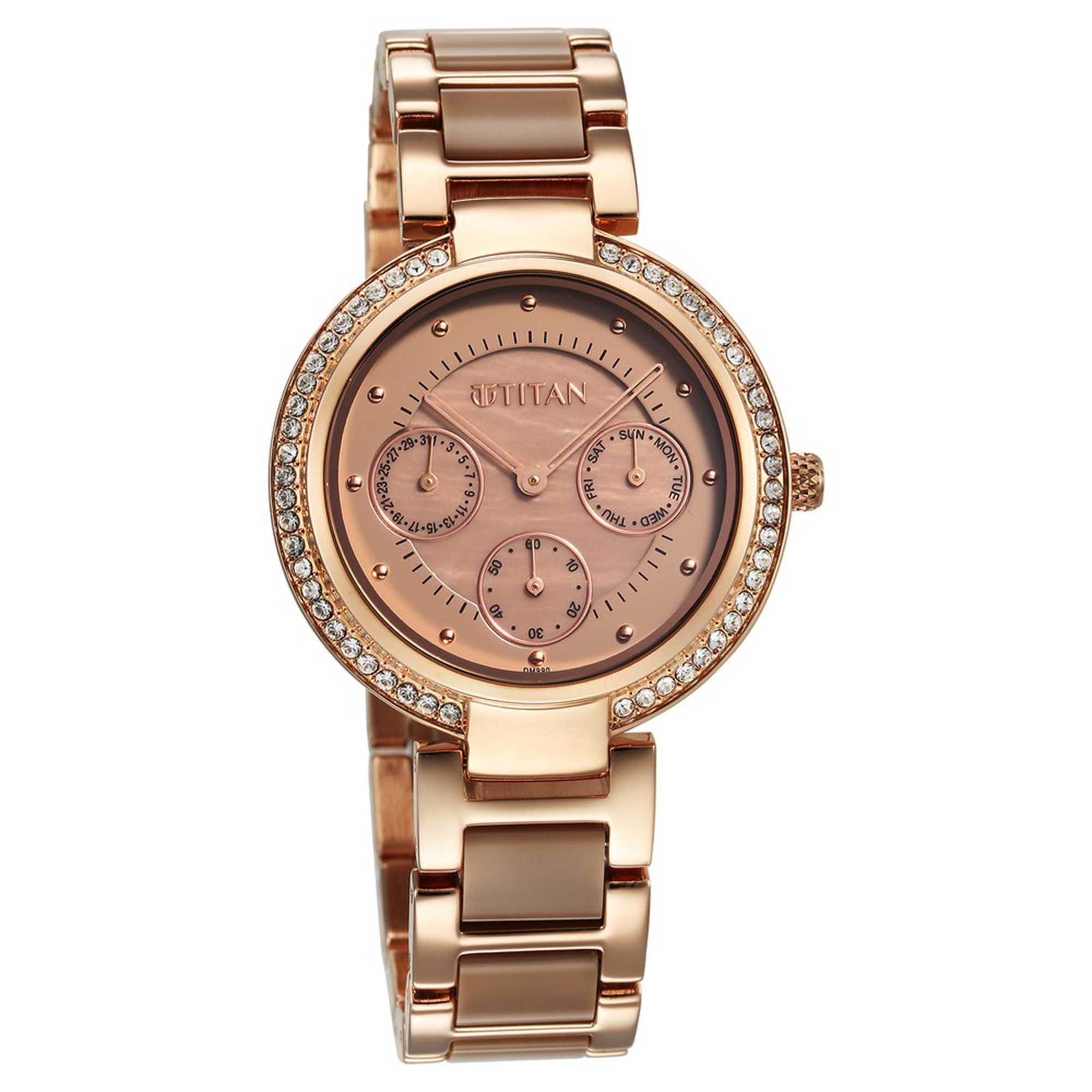 Titan Acetate Glam Quartz Multifunction Brown Dial Hybrid Strap Watch for Ladies
