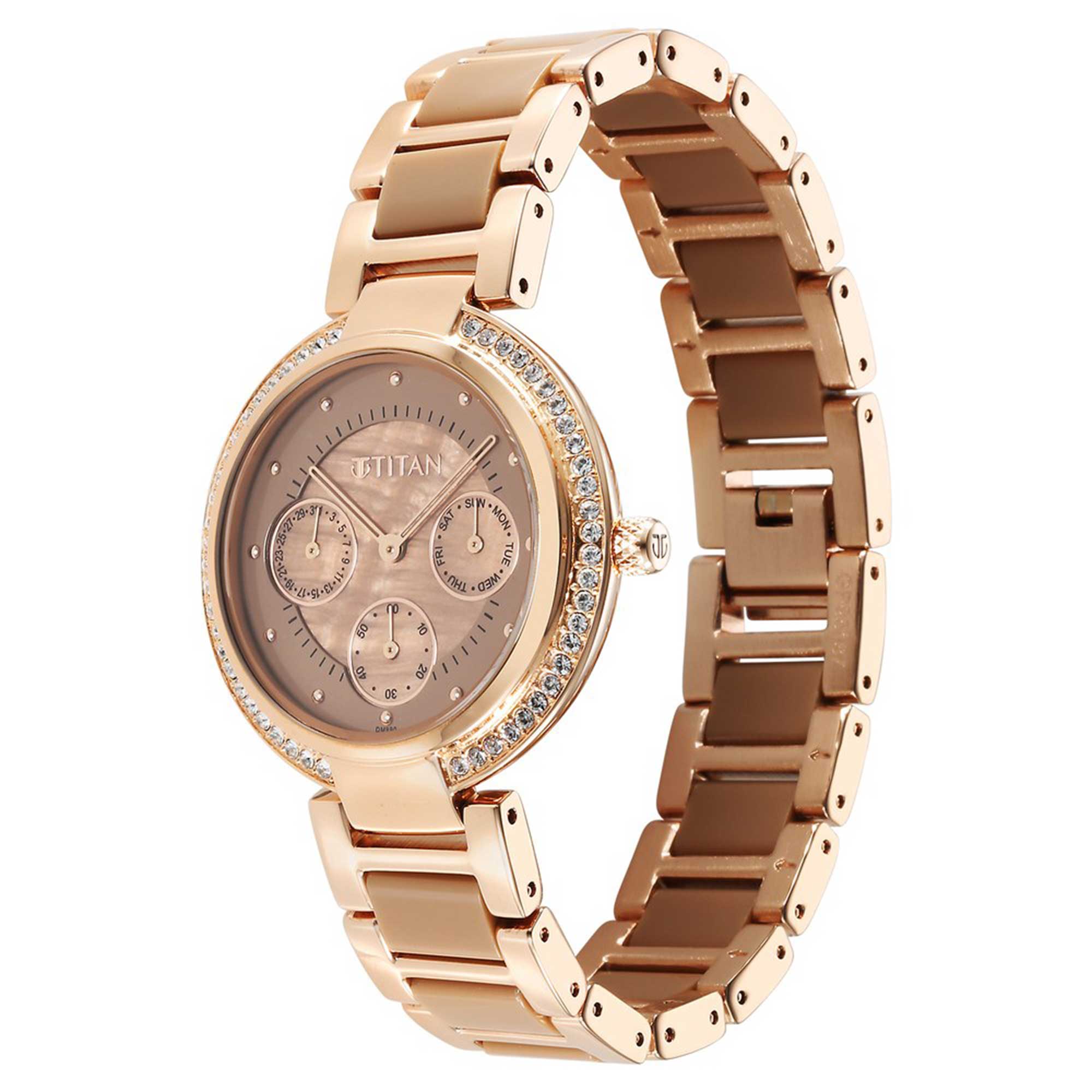Titan Acetate Glam Quartz Multifunction Brown Dial Hybrid Strap Watch for Ladies