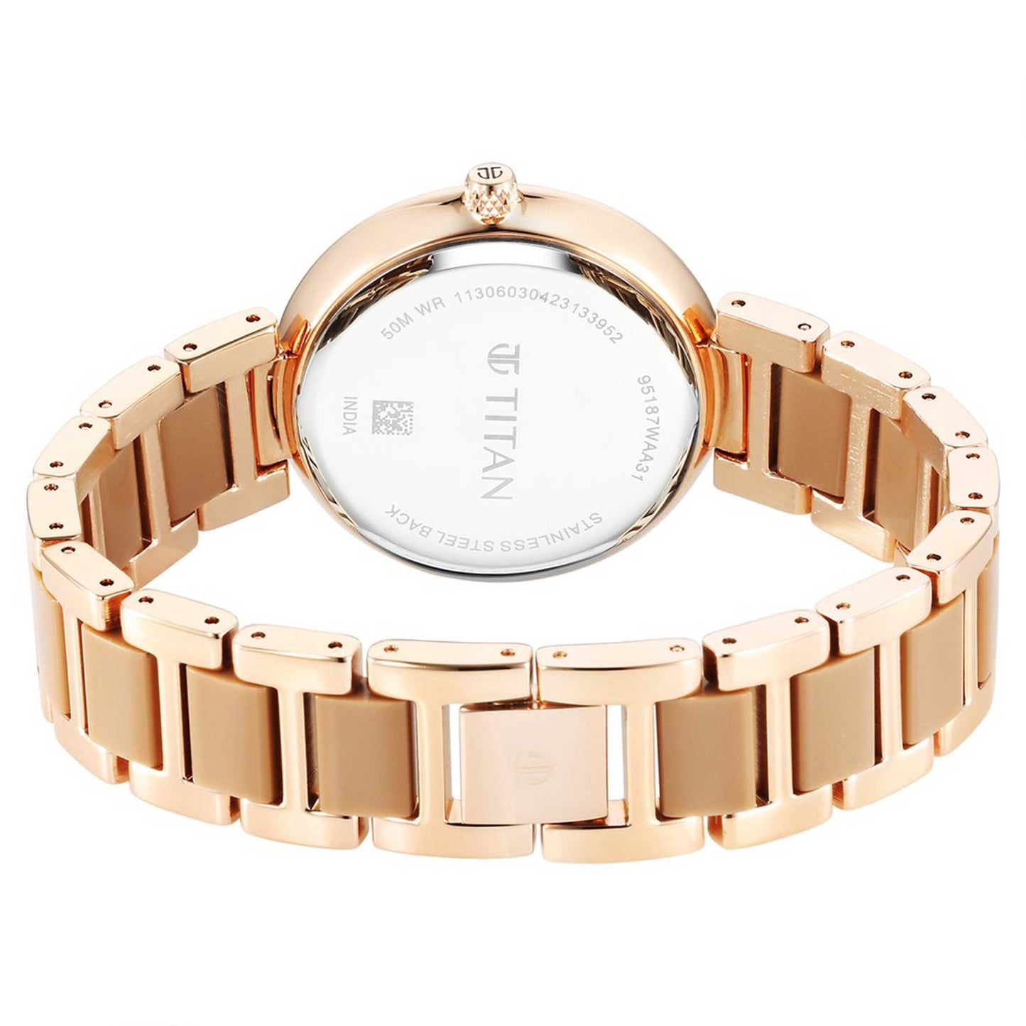 Titan Acetate Glam Quartz Multifunction Brown Dial Hybrid Strap Watch for Ladies