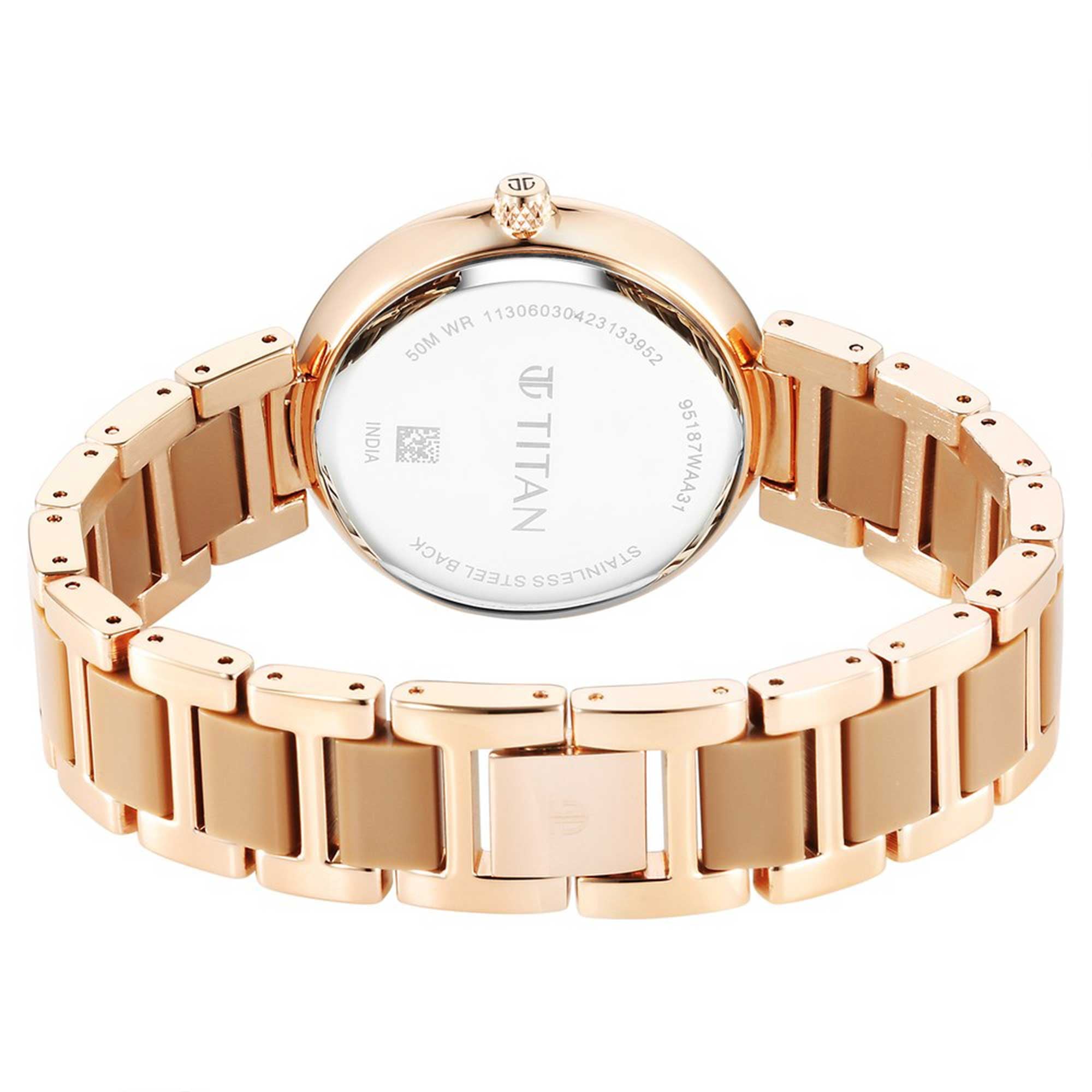 Titan Acetate Glam Quartz Multifunction Brown Dial Hybrid Strap Watch for Ladies