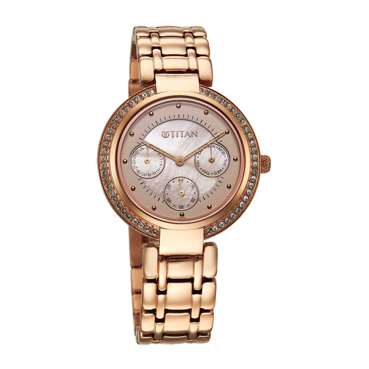 Titan Beige Dial Rose Gold Metal Strap Analog Quartz Watch for Women
