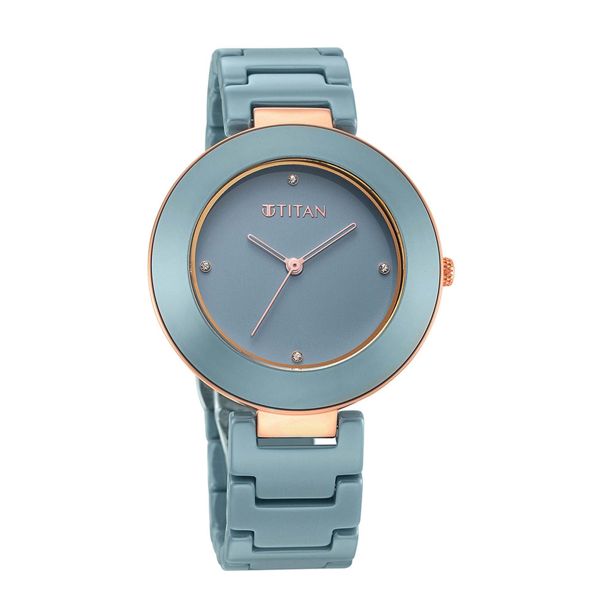 Titan Purple Ceramics Blue Dial Analog Ceramic Strap Watch for Women