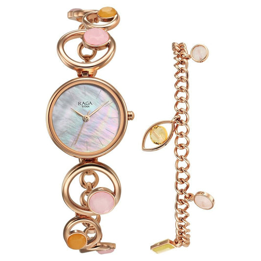 Titan Raga New You Quartz Analog Mother Of Pearl Citrine and Rose Quartz stones Strap for Women 95194WM01