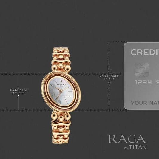 Titan Raga Glimmers Quartz Analog Mother of Pearl Dial Rose Gold Metal Strap Watch For Women 95202WM01F