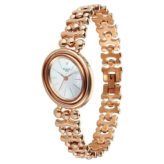 Titan Raga Glimmers Quartz Analog Mother of Pearl Dial Rose Gold Metal Strap Watch For Women 95202WM01F