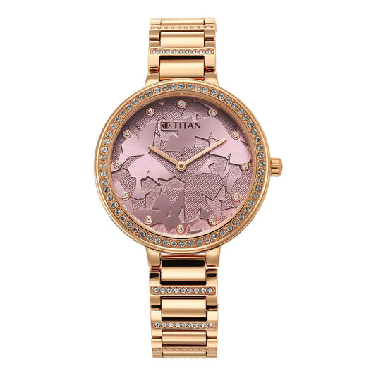 Glitz Rose Gold Dial Stainless Steel Strap Watch for Women