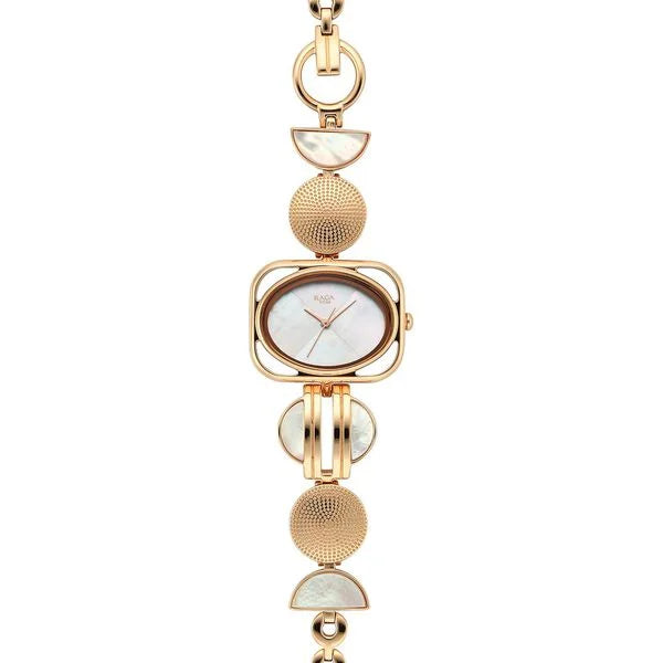 Titan Raga Mother Of Pearl Rectangle Dial Rose Gold Metal Strap Analog Watch for Women
