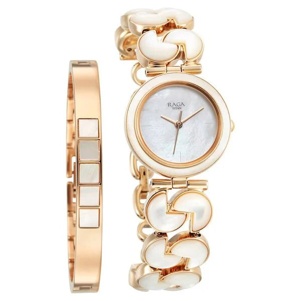 Titan Raga Mother Of Pearl Dial Rose Gold Metal Strap Analog Watch for Women