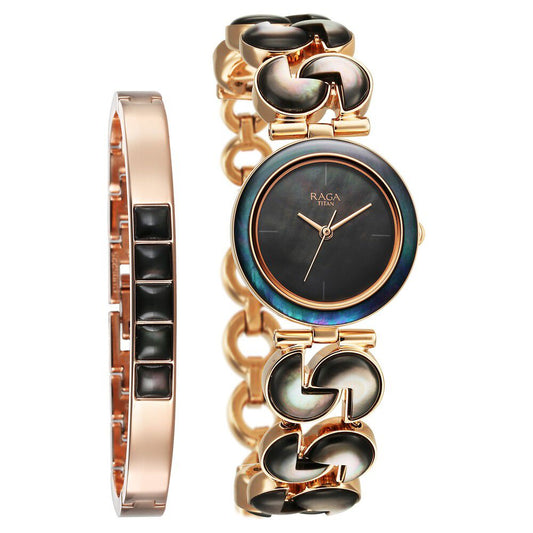 Titan Raga Black Pearl Quartz Analog Mother Of Pearl Dial Metal Strap Watch For Women (95233WM02F)