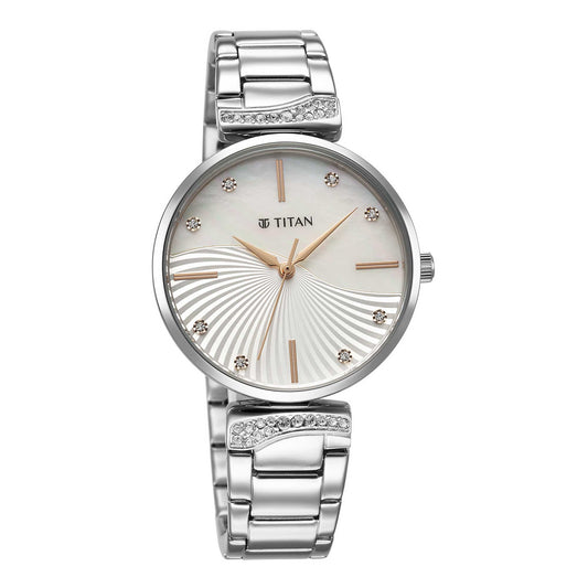 Titan Purple Style Up Quartz Analog Mother Of Pearl Dial Stainless Steel Strap Watch for Women