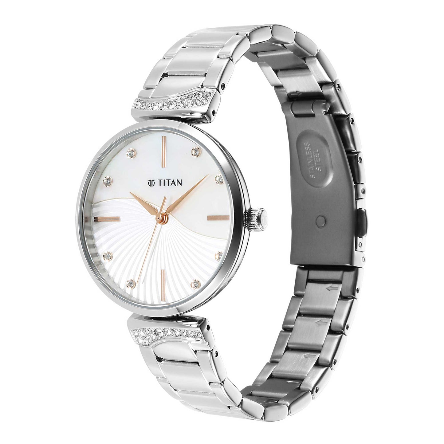 Titan Purple Style Up Quartz Analog Mother Of Pearl Dial Stainless Steel Strap Watch for Women