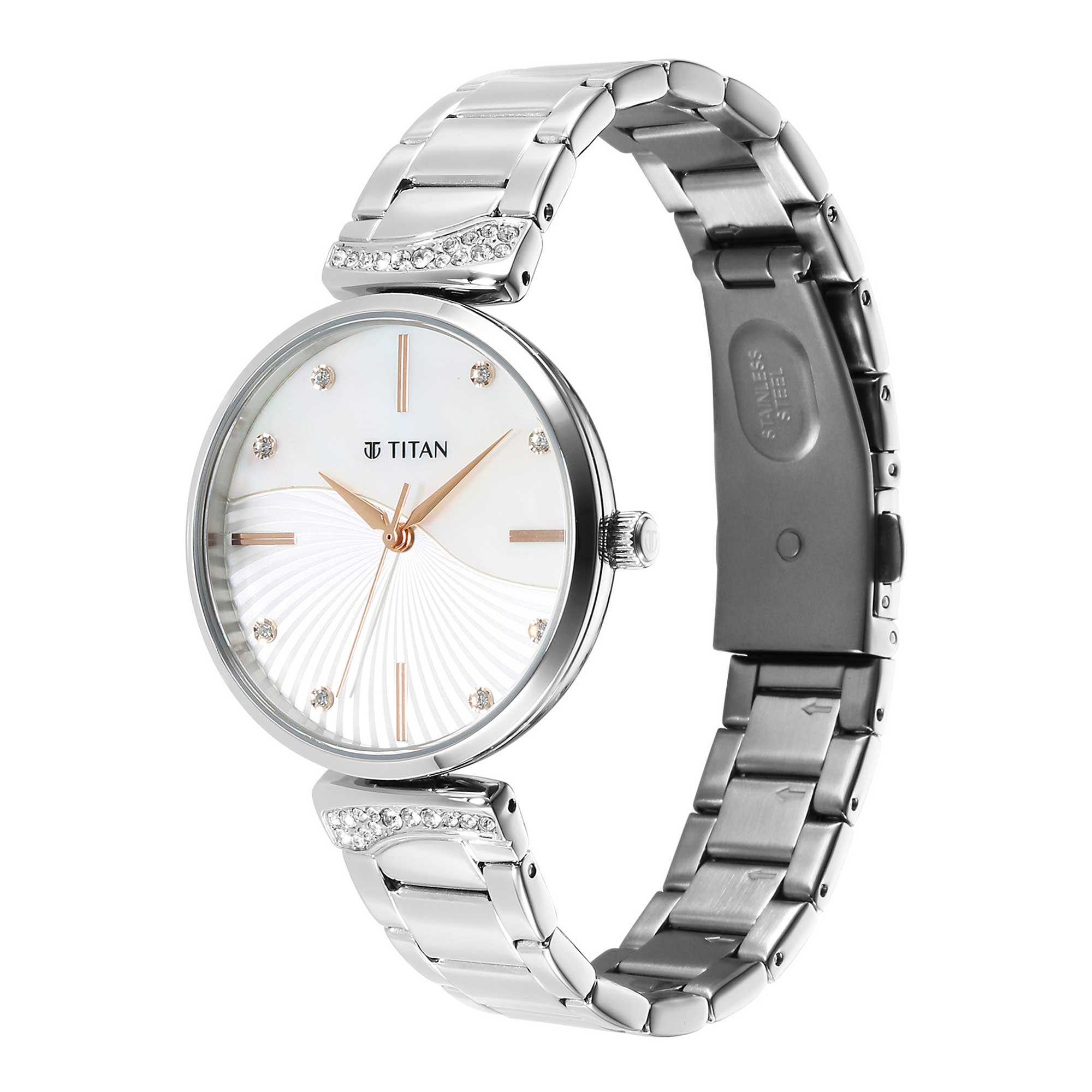 Titan Purple Style Up Quartz Analog Mother Of Pearl Dial Stainless Steel Strap Watch for Women