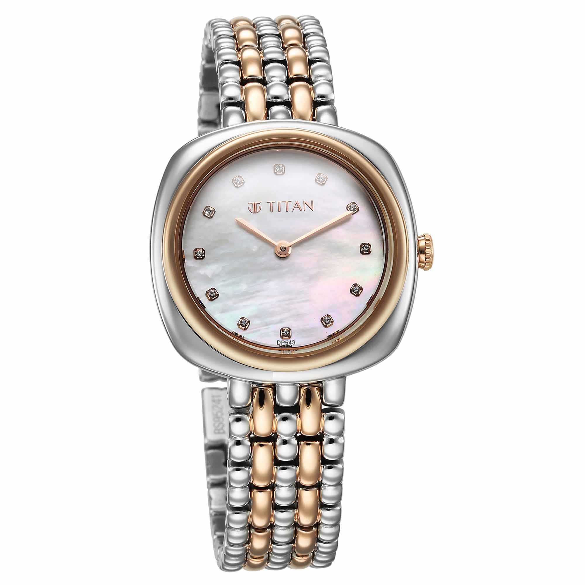 Titan Aura Quartz Alog White Mother Of Pearl Dial Rose Gold and Silver Stainless Steel Strap Watch for Women