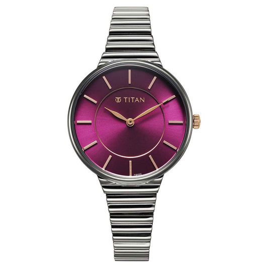 Titan Aura Quartz Alog Purple Dial Stainless Steel Strap Watch for Women (95245KM01)
