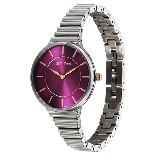 Titan Aura Quartz Alog Purple Dial Stainless Steel Strap Watch for Women (95245KM01)
