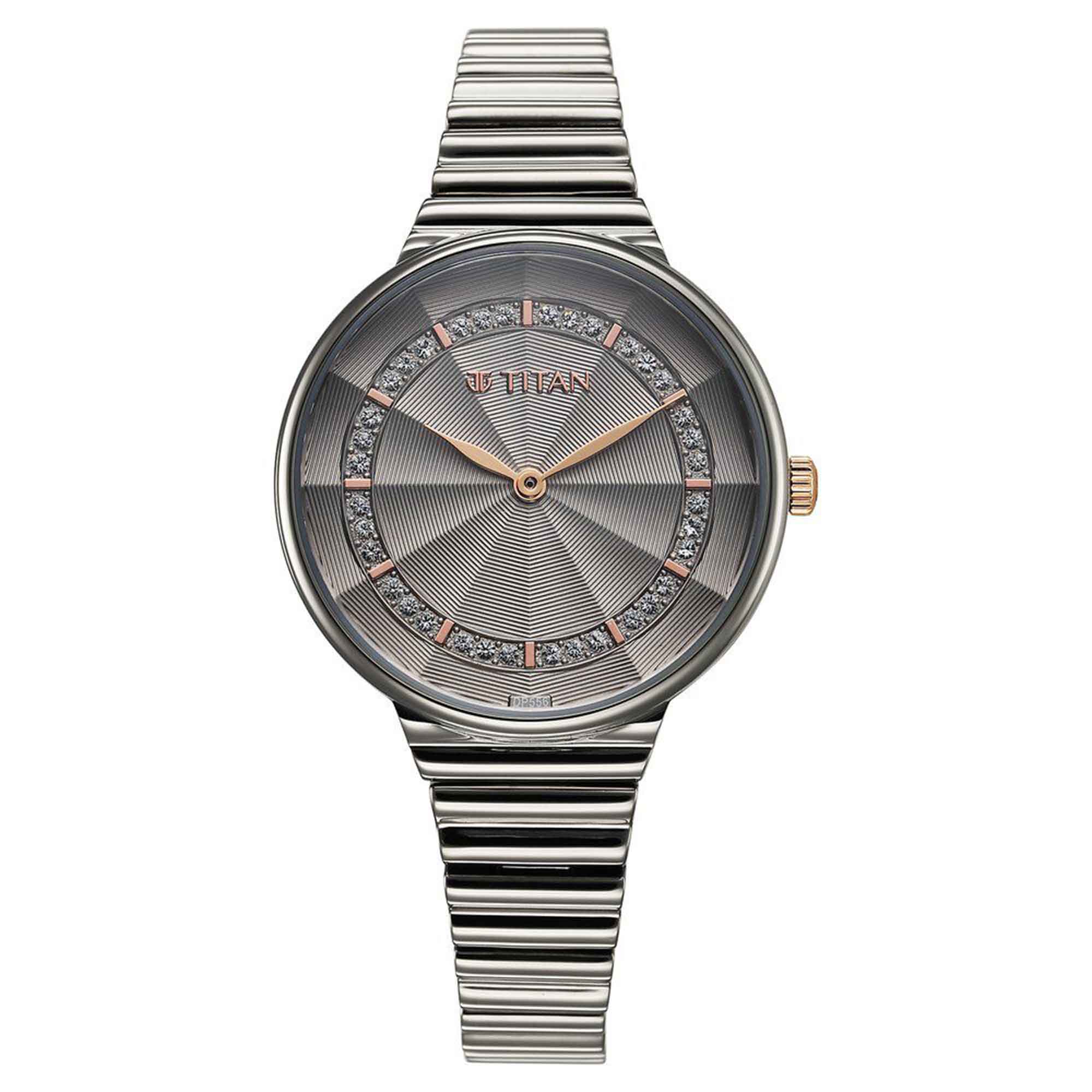 Titan Aura Quartz Alog Grey Dial Stainless Steel Strap Watch for Women (95245KM02)