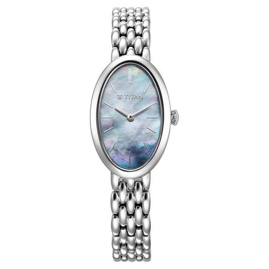 Titan Aura Quartz Analog Mother Of Pearl Dial Stainless Steel Strap Watch for Women 95246SM01