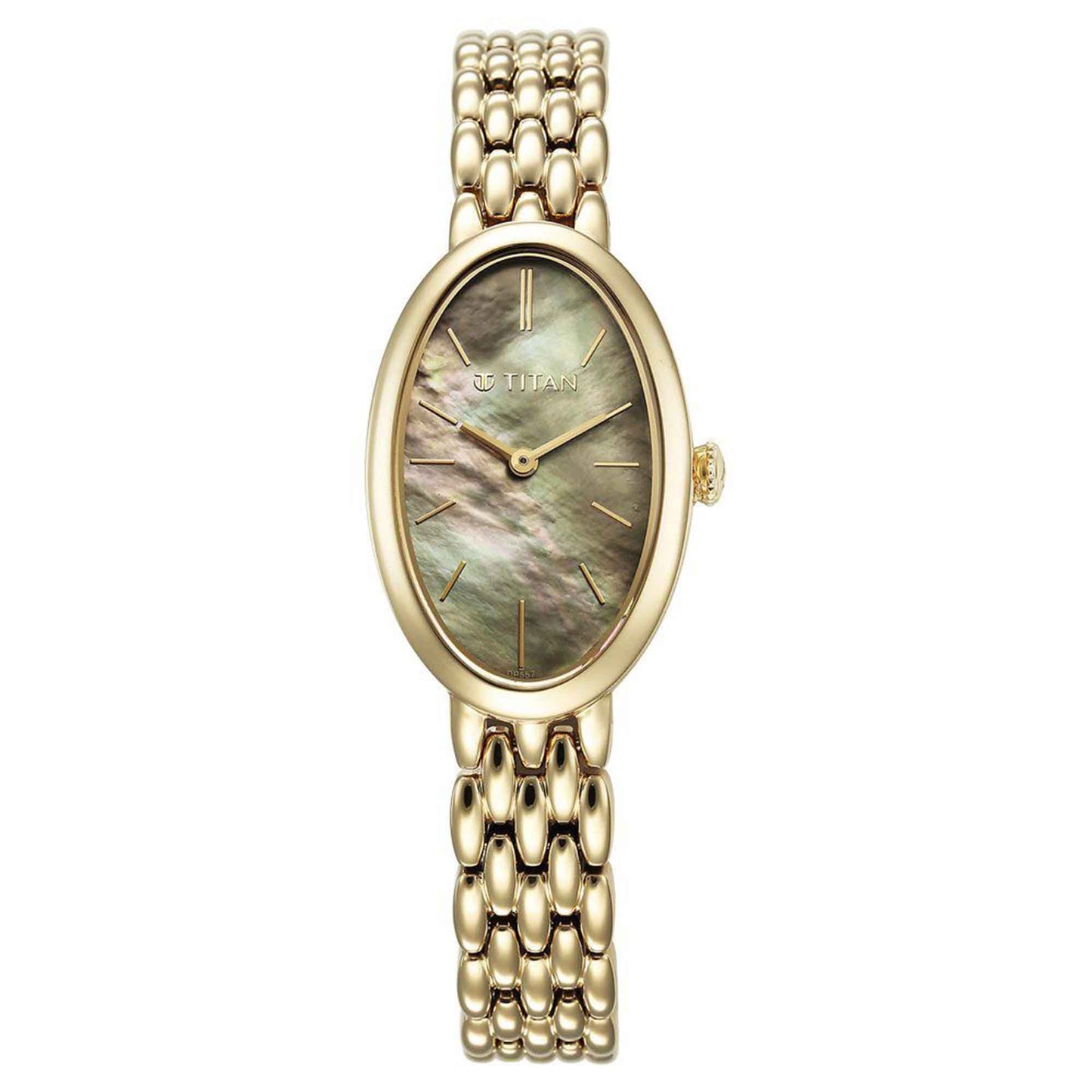 Titan Aura Quartz Analog Mother Of Pearl Dial Stainless Steel Strap Watch for Women 95246YM01