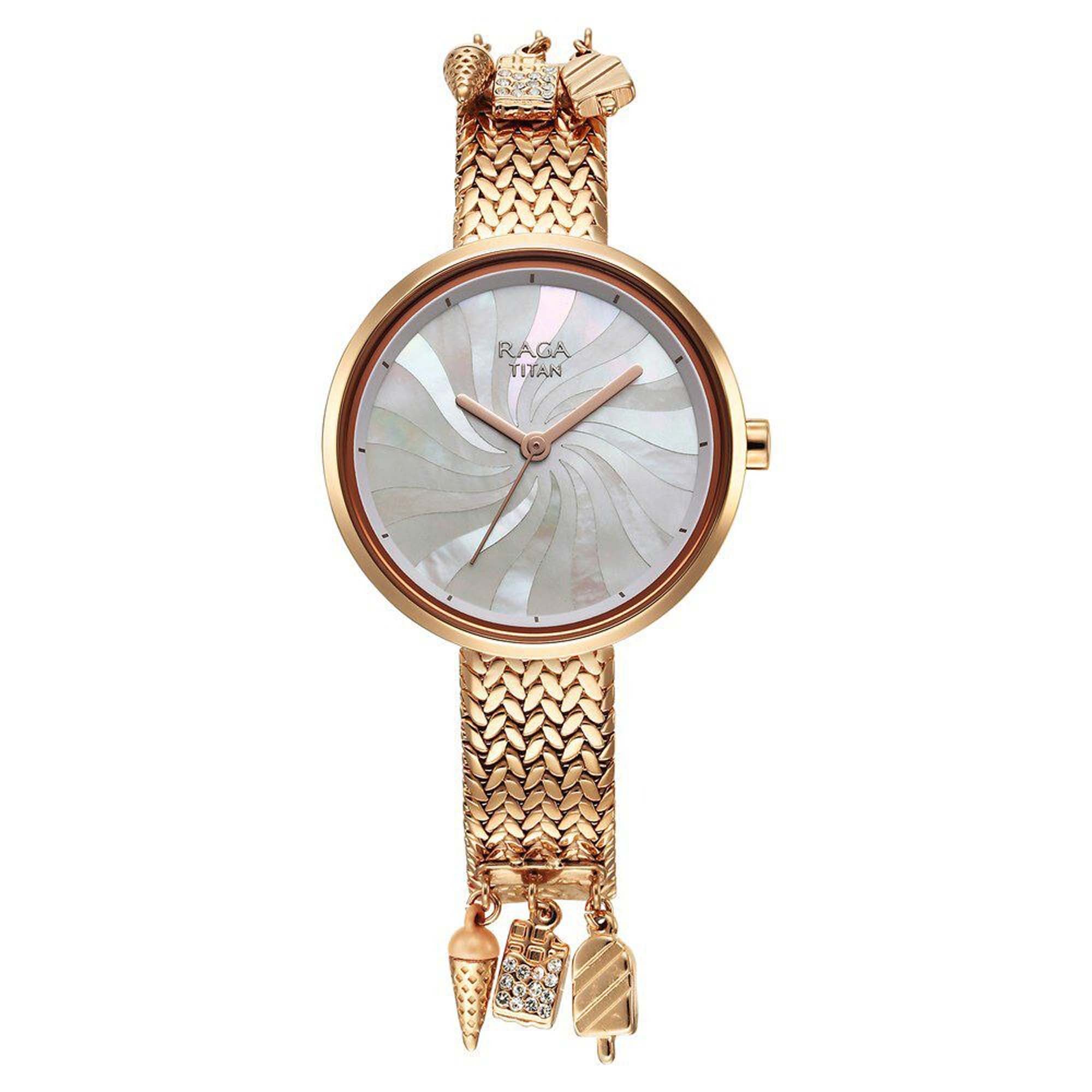 Titan Raga Memoirs Quartz Alog Mother Of Pearl Dial With Rose Gold Metal Strap Watch For Women (95253WM01)