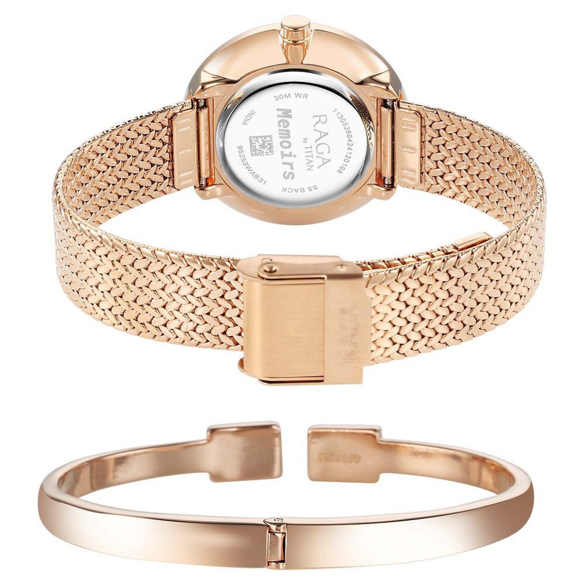 Titan Raga Memoirs Quartz Alog Mother Of Pearl Dial With Rose Gold Metal Strap Watch For Women (95253WM02)