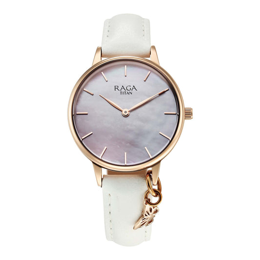 Titan Raga Showstopper 2.0 Quartz Analog Mother Of Pearl Dial  Cream Color Leather Strap Watch For Women