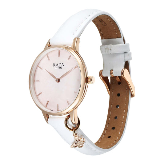 Titan Raga Showstopper 2.0 Quartz Analog Mother Of Pearl Dial  Cream Color Leather Strap Watch For Women