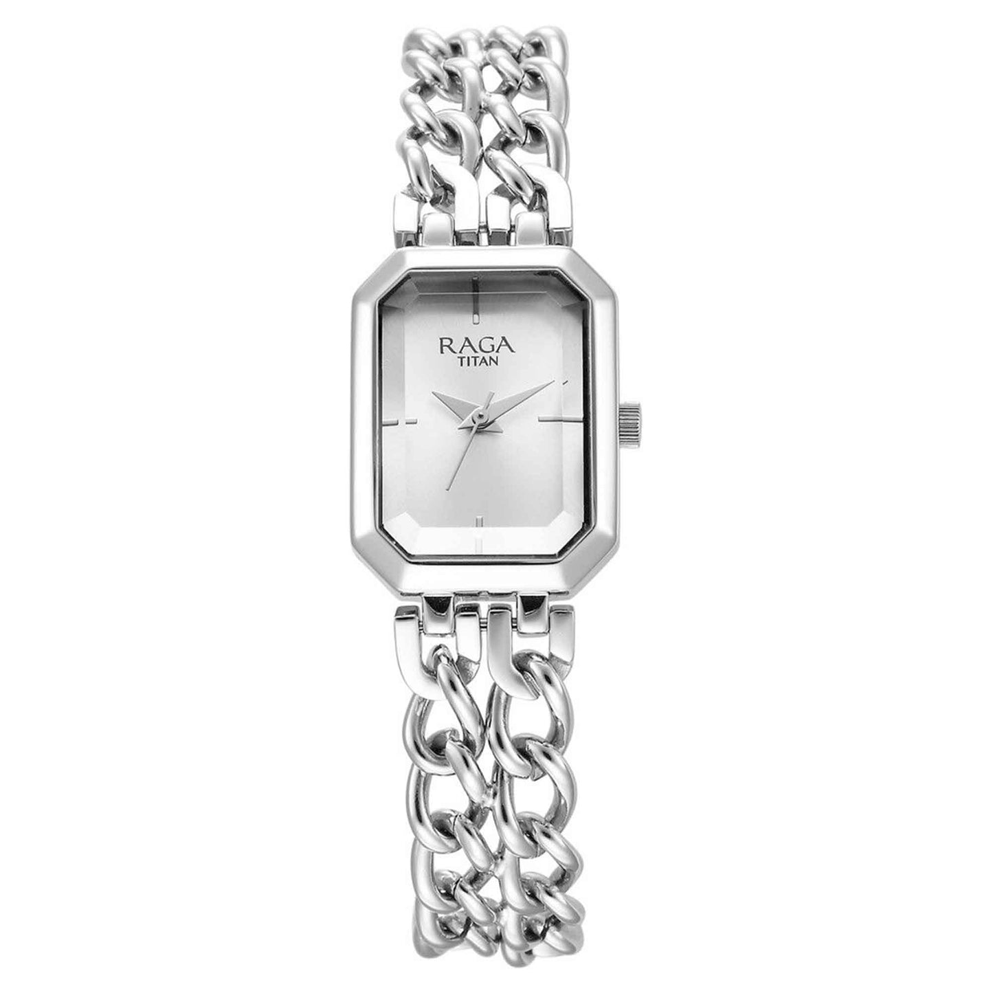 Titan Raga Silver Rectangle Dial Metal Strap Analog Watch for Women