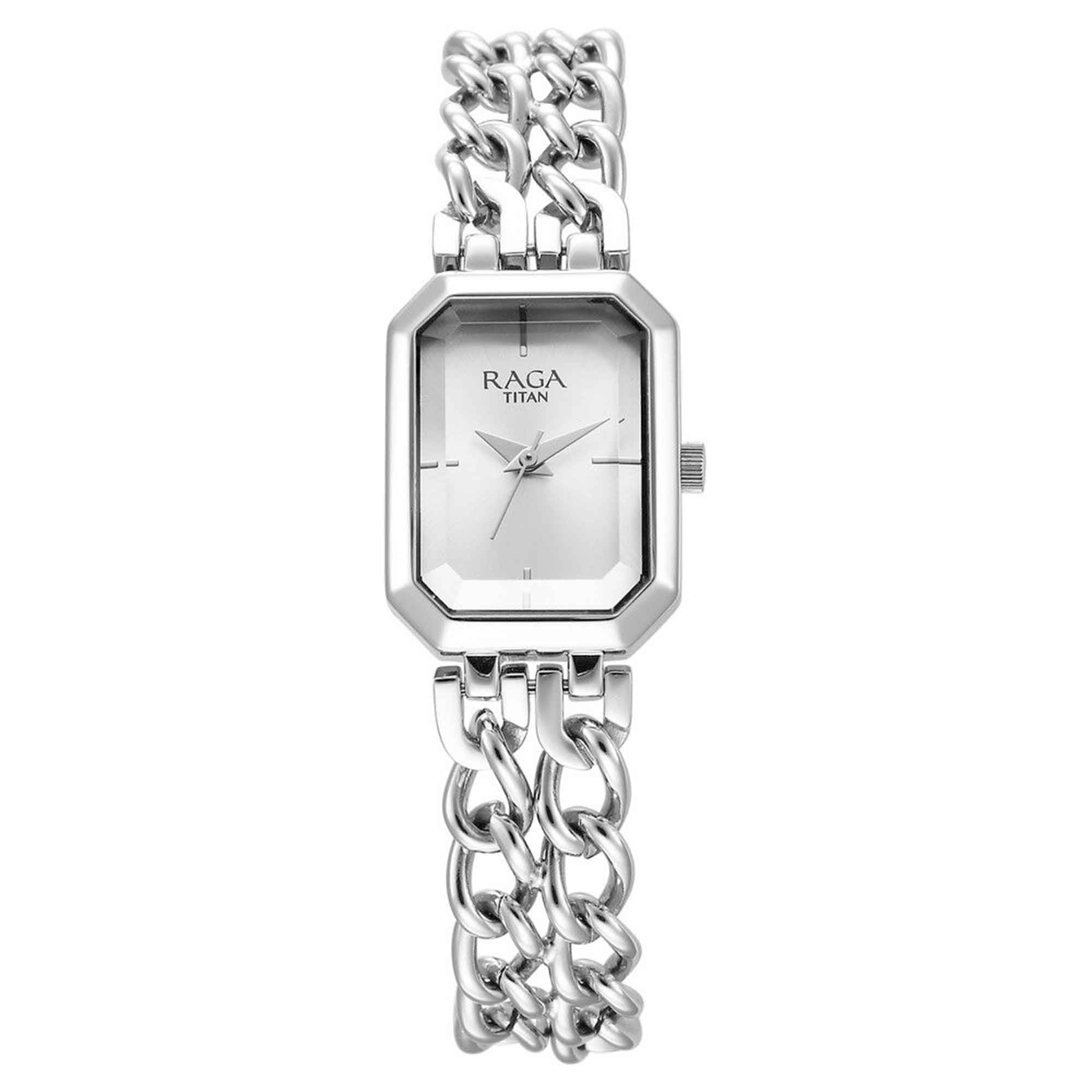 Titan Raga Silver Rectangle Dial Metal Strap Analog Watch for Women