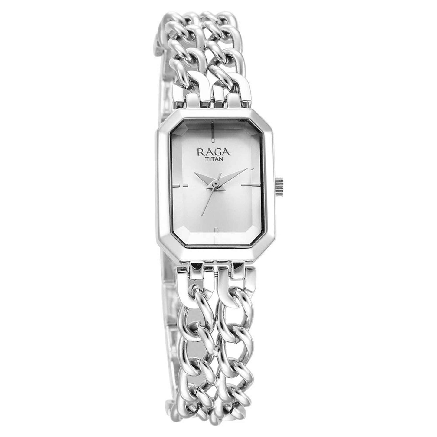 Titan Raga Silver Rectangle Dial Metal Strap Analog Watch for Women