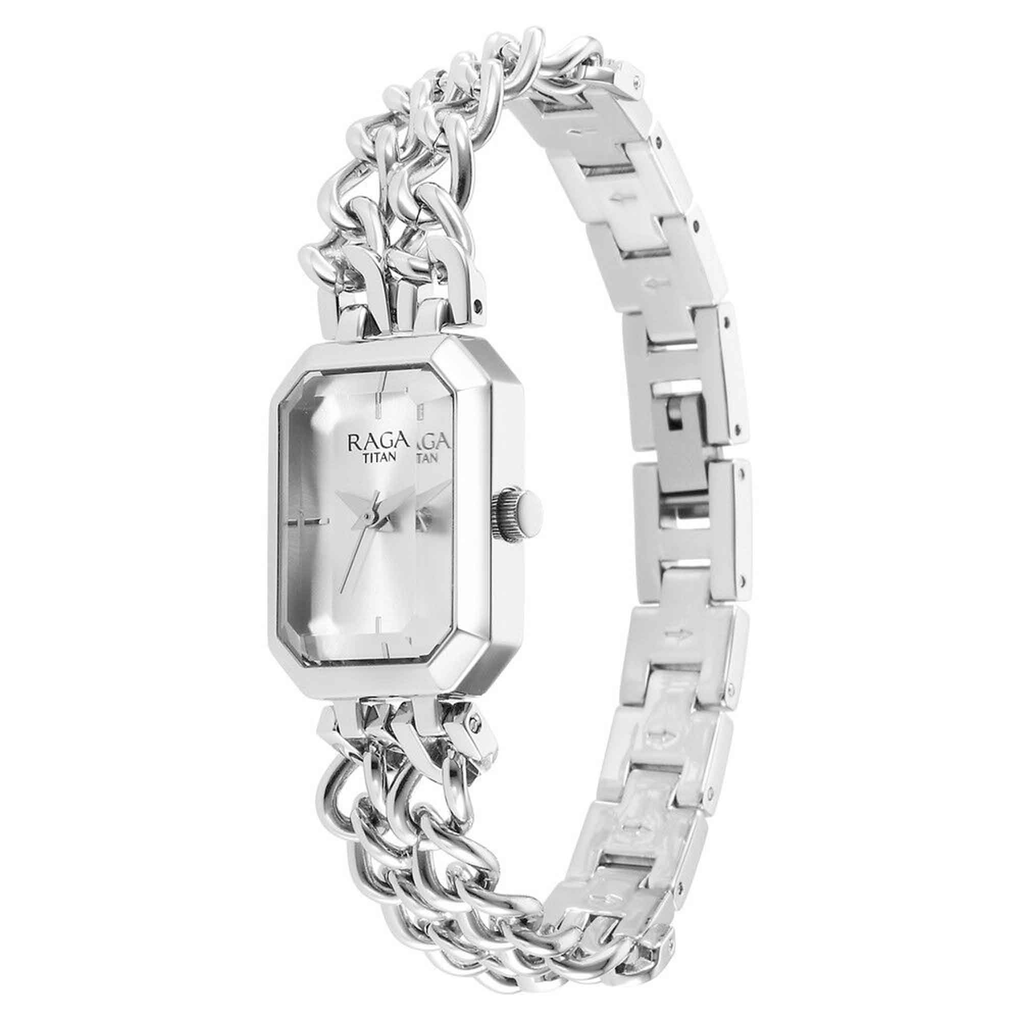 Titan Raga Silver Rectangle Dial Metal Strap Analog Watch for Women