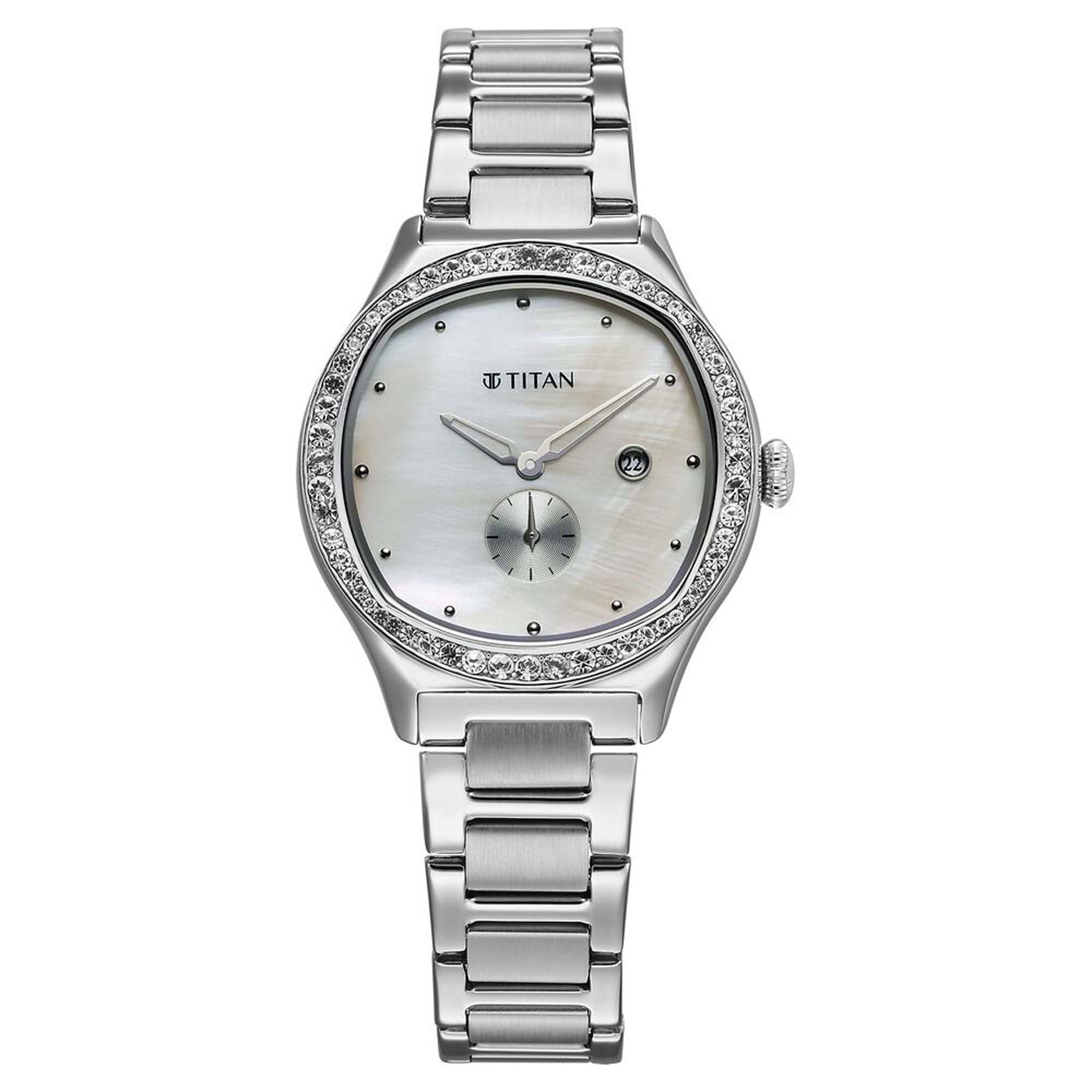 Titan Glamour Quartz Analog with Date Mother Of Pearl Dial Stainless Steel Strap Watch For Women