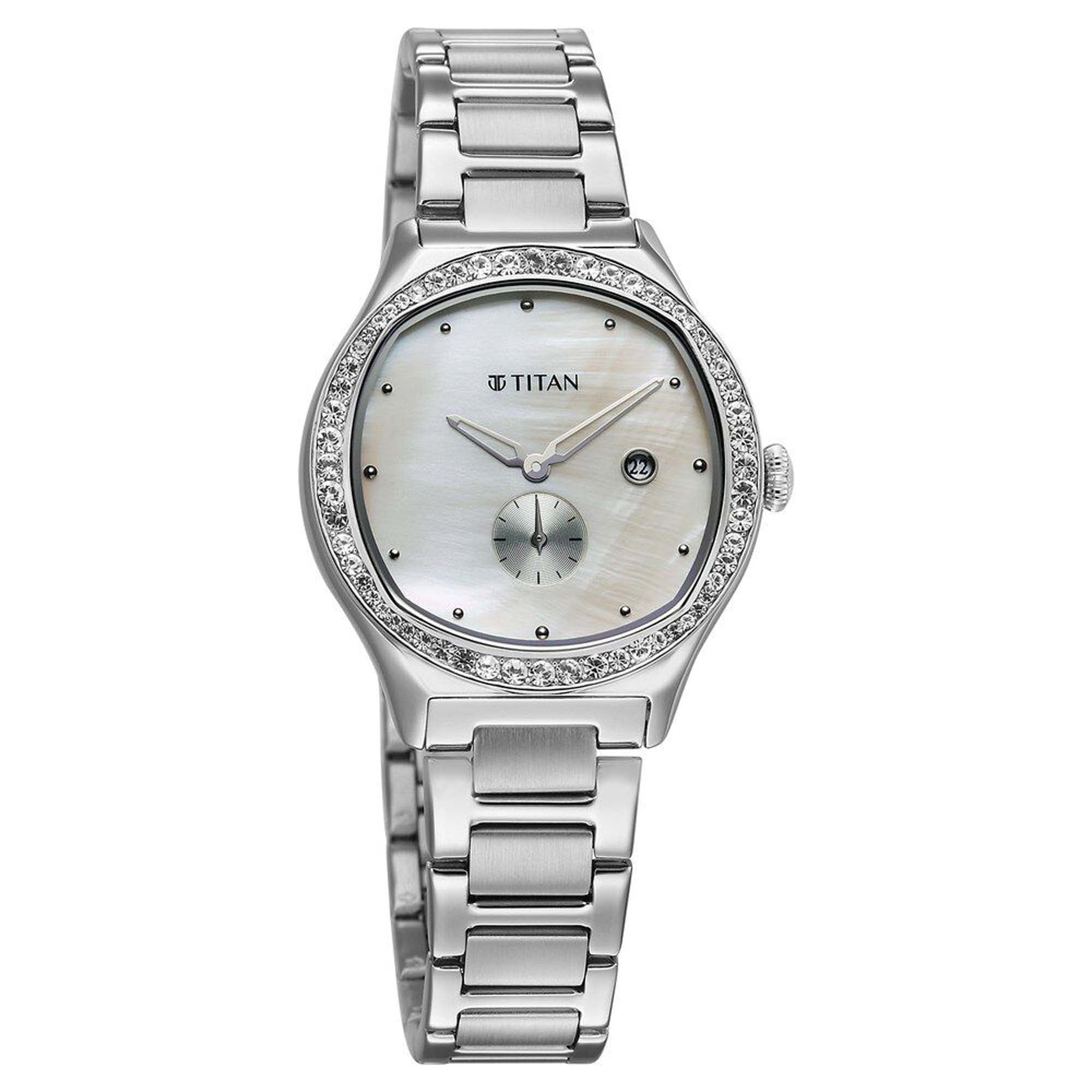 Titan Glamour Quartz Analog with Date Mother Of Pearl Dial Stainless Steel Strap Watch For Women