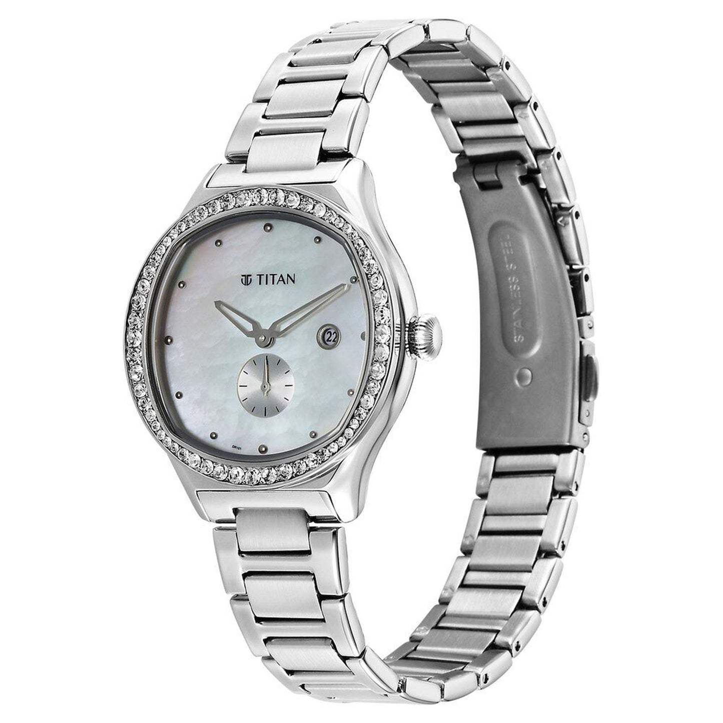 Titan Glamour Quartz Analog with Date Mother Of Pearl Dial Stainless Steel Strap Watch For Women