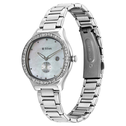Titan Glamour Quartz Analog with Date Mother Of Pearl Dial Stainless Steel Strap Watch For Women