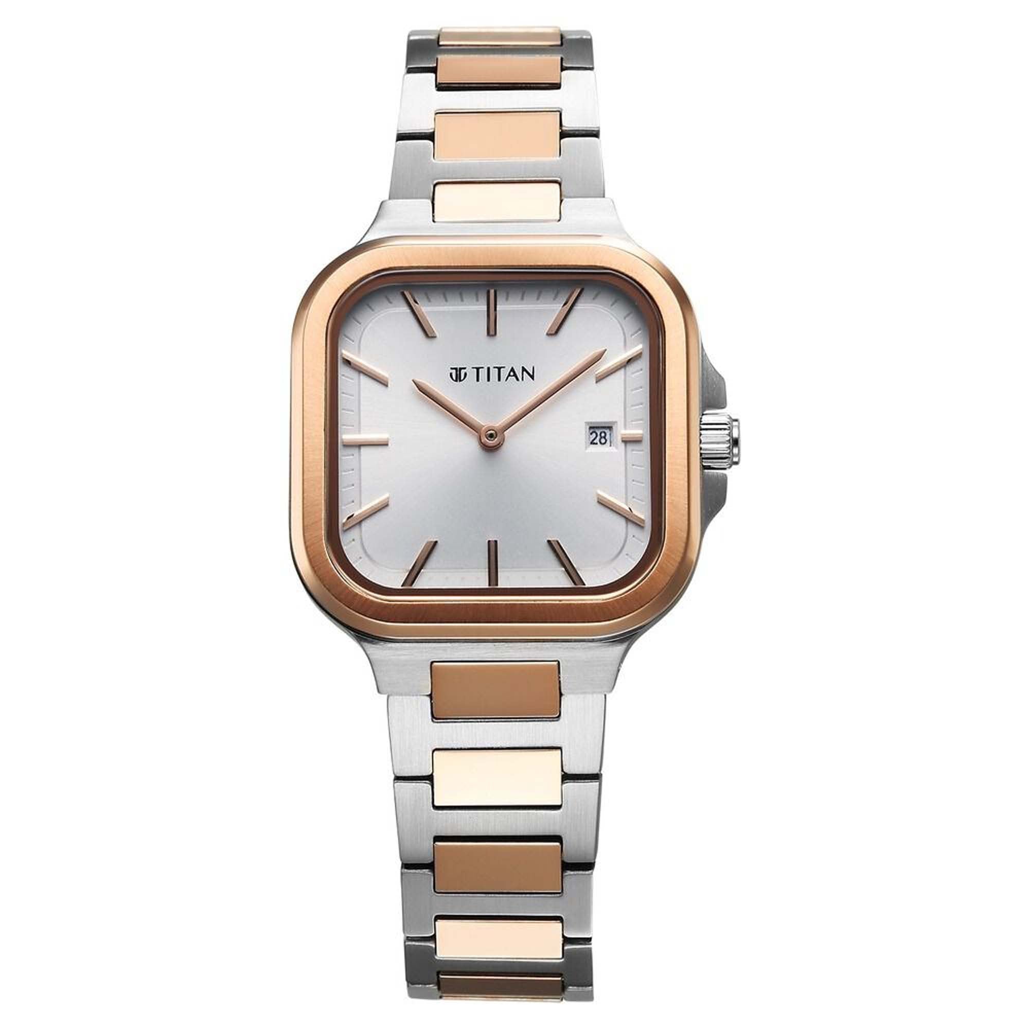 Titan Slim Square Quartz Alog with Date Silver Dial With Two Toned Color Stainless Steel Strap Watch For Women