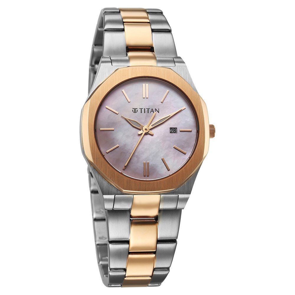 Titan Workday Wonders Quartz Analog with Date Pink Mother Of Pearl Dial Stainless Steel Strap Watch For Women