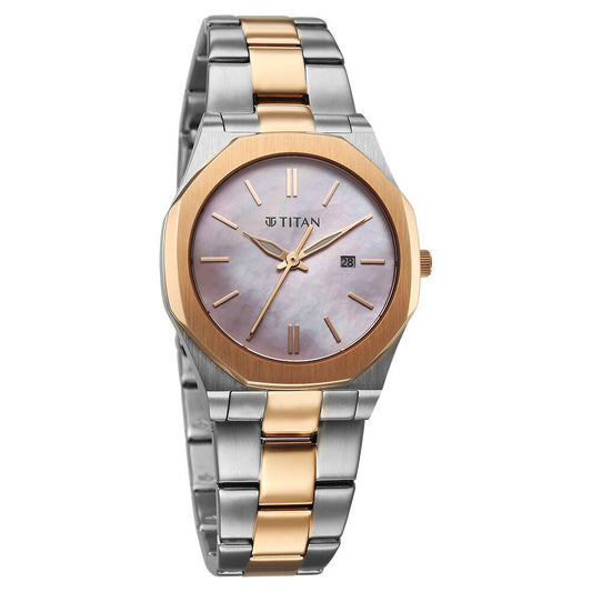 Titan Workday Wonders Quartz Analog with Date Pink Mother Of Pearl Dial Stainless Steel Strap Watch For Women