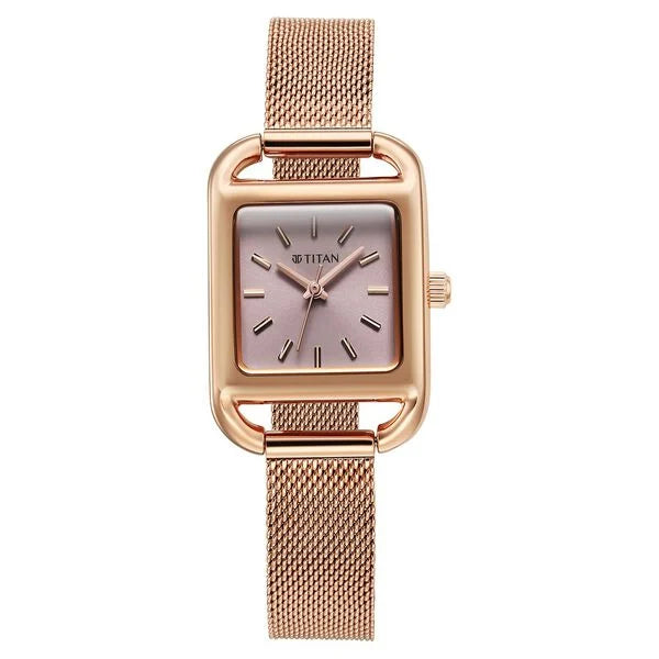 Titan Pink Rectangular Dial Rose Gold Stainless Steel Strap Analog Watch for Women