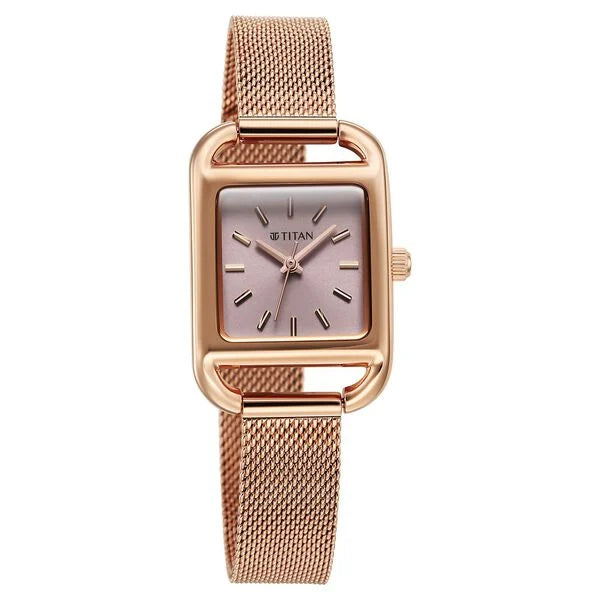 Titan Pink Rectangular Dial Rose Gold Stainless Steel Strap Analog Watch for Women
