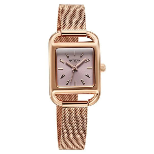 Titan Pink Rectangular Dial Rose Gold Stainless Steel Strap Analog Watch for Women