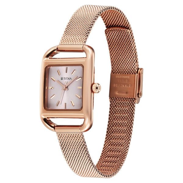 Titan Pink Rectangular Dial Rose Gold Stainless Steel Strap Analog Watch for Women