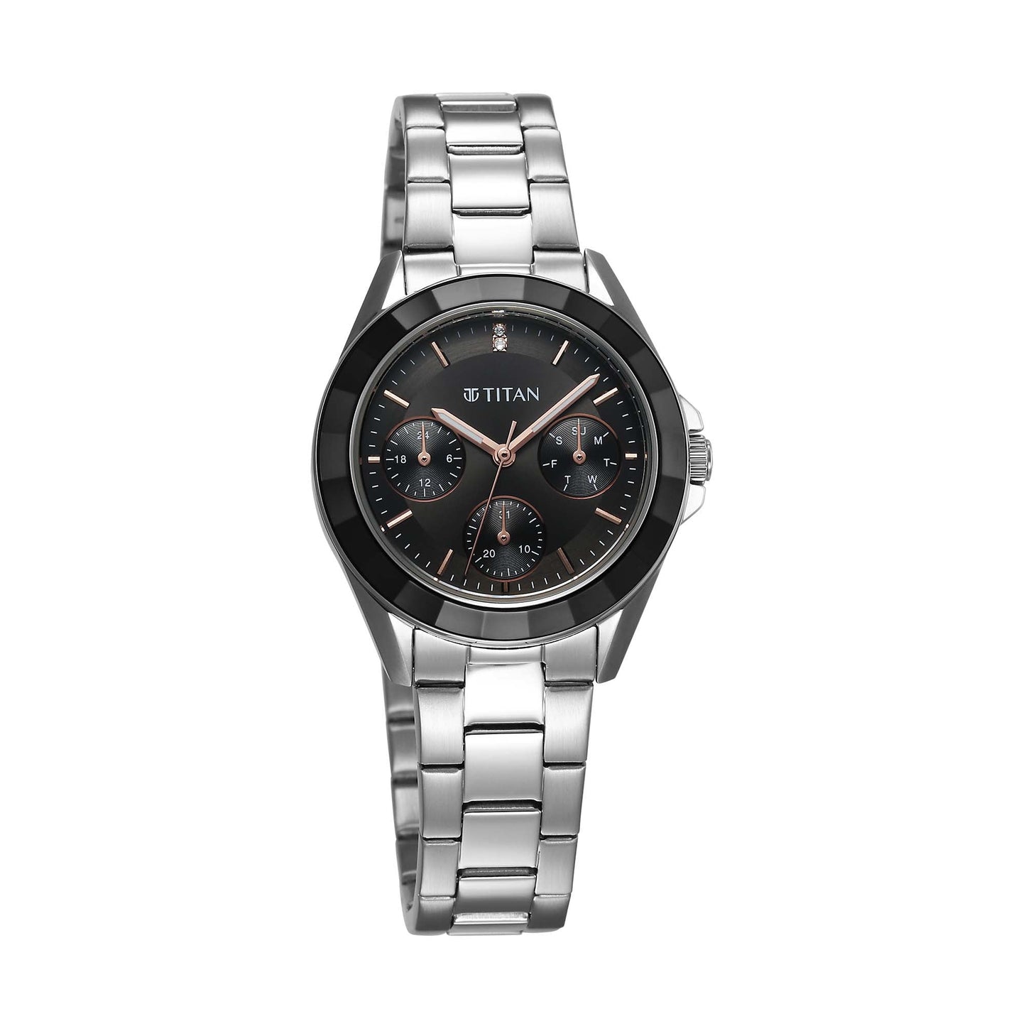Titan Glamour Quartz Multifunction Black Dial Silver Stainless Steel Strap Watch For Women 95315KM01