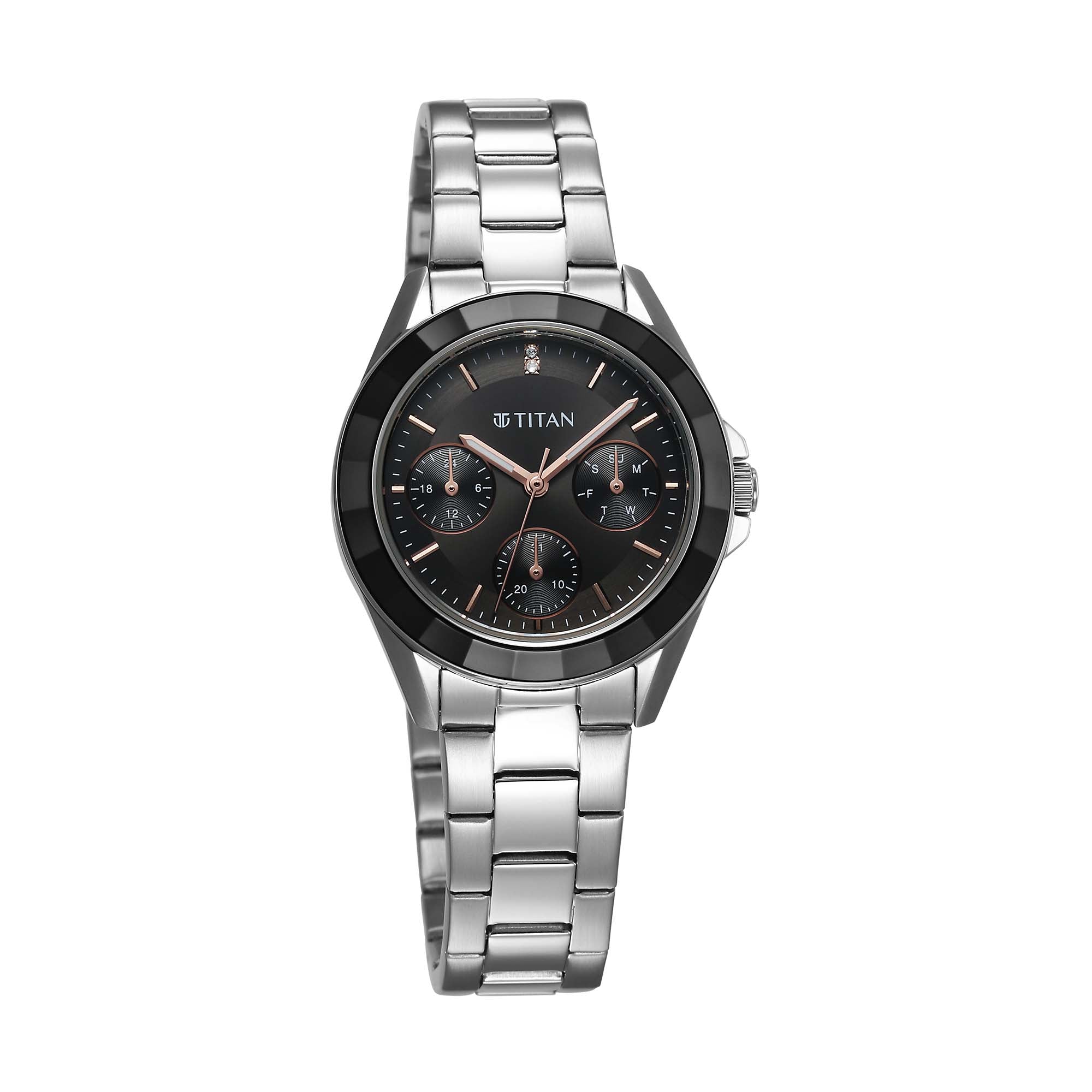 Titan Glamour Quartz Multifunction Black Dial Silver Stainless Steel Strap Watch For Women 95315KM01
