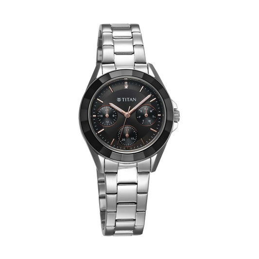Titan Glamour Quartz Multifunction Black Dial Silver Stainless Steel Strap Watch For Women 95315KM01