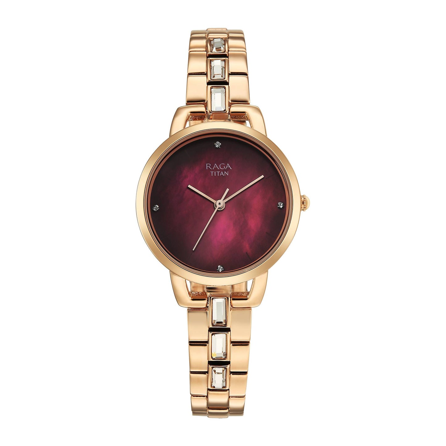 Titan Raga Glimmers Quartz Analog Red Mother of Pearl Dial Rose Gold Metal Strap Watch For Women 95327WM01F