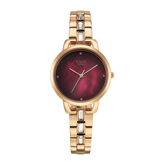 Titan Raga Glimmers Quartz Analog Red Mother of Pearl Dial Rose Gold Metal Strap Watch For Women 95327WM01F
