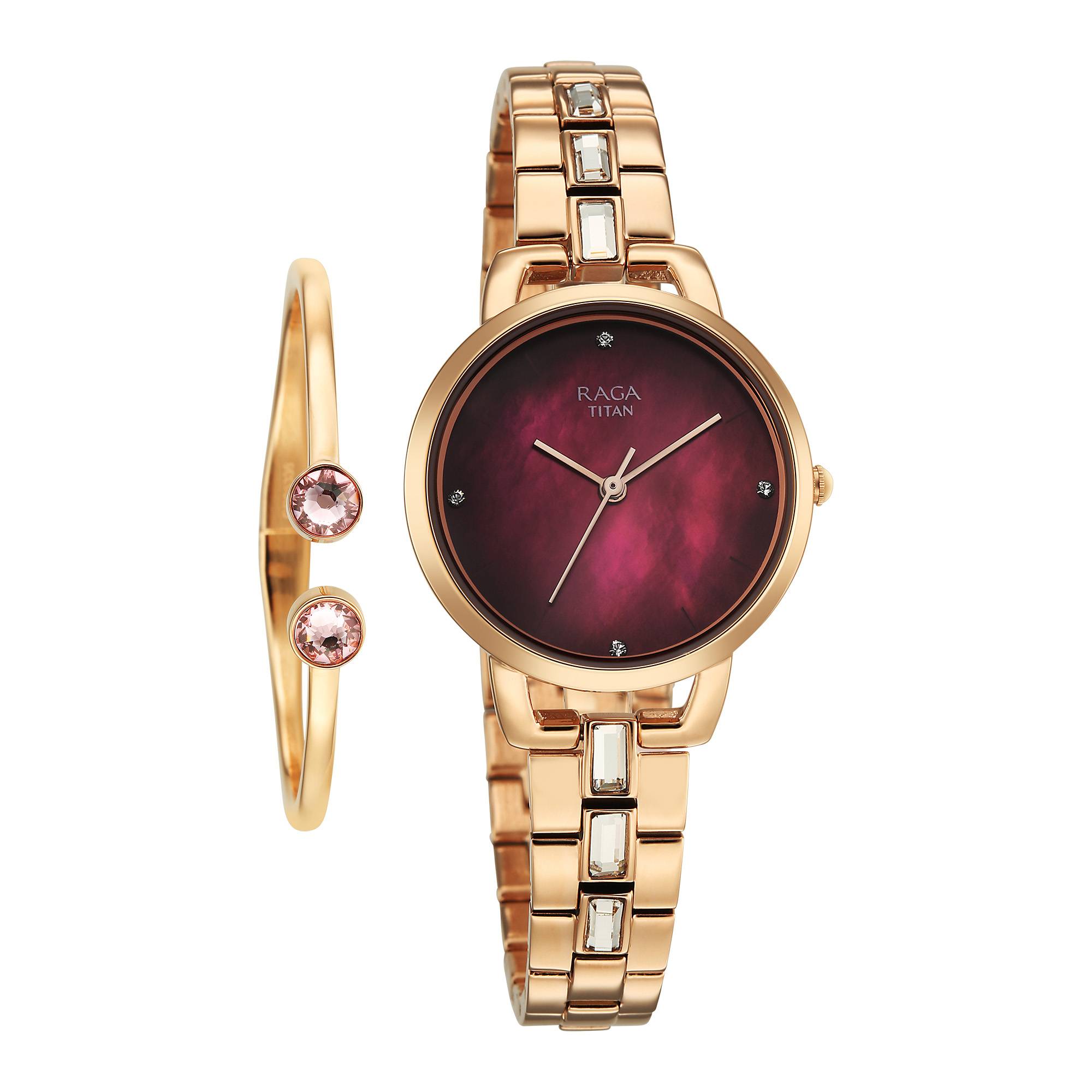 Titan Raga Glimmers Quartz Analog Red Mother of Pearl Dial Rose Gold Metal Strap Watch For Women 95327WM01F