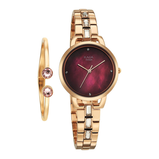 Titan Raga Glimmers Quartz Analog Red Mother of Pearl Dial Rose Gold Metal Strap Watch For Women 95327WM01F