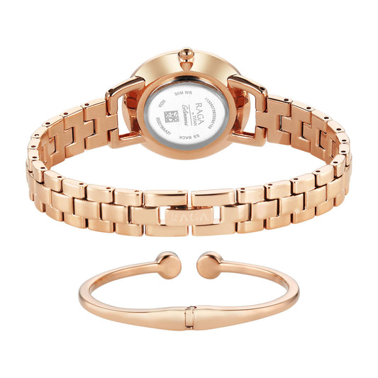 Titan Raga Glimmers Quartz Analog Red Mother of Pearl Dial Rose Gold Metal Strap Watch For Women 95327WM01F