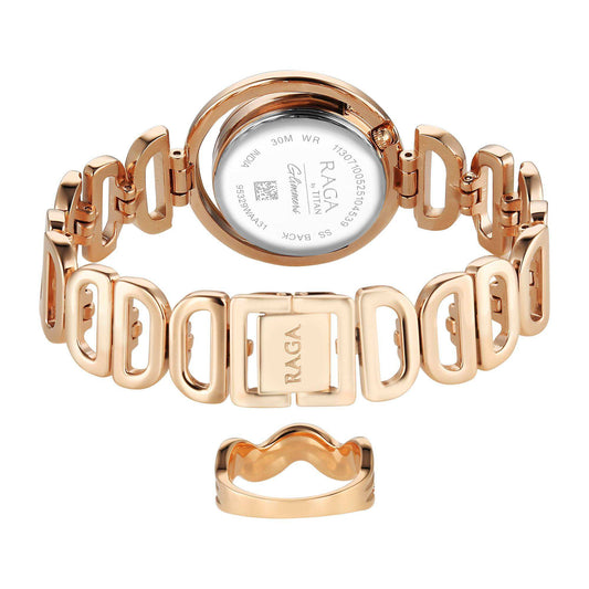Titan Raga Glimmers Quartz Analog Mother of Pearl Dial Rose Gold Metal Strap Watch For Women 95329WM01F